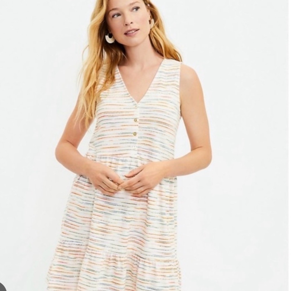 Loft Colorful Striped Flounce Hem Button V-neck 100% Cotton Dress Size Large